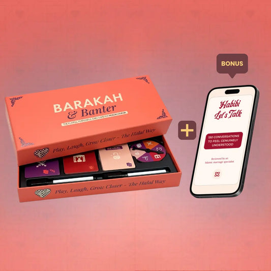 Barakah and Banter Muslim couple card game box open showing cards and spinner alongside Habibi Let's Talk companion app on phone