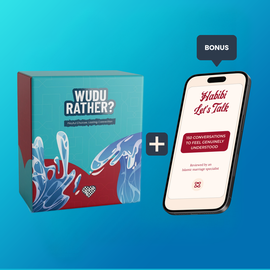 Product packaging for 'Wudu Rather?' with a smartphone displaying 'Habibi Let's Talk' app on a blue background