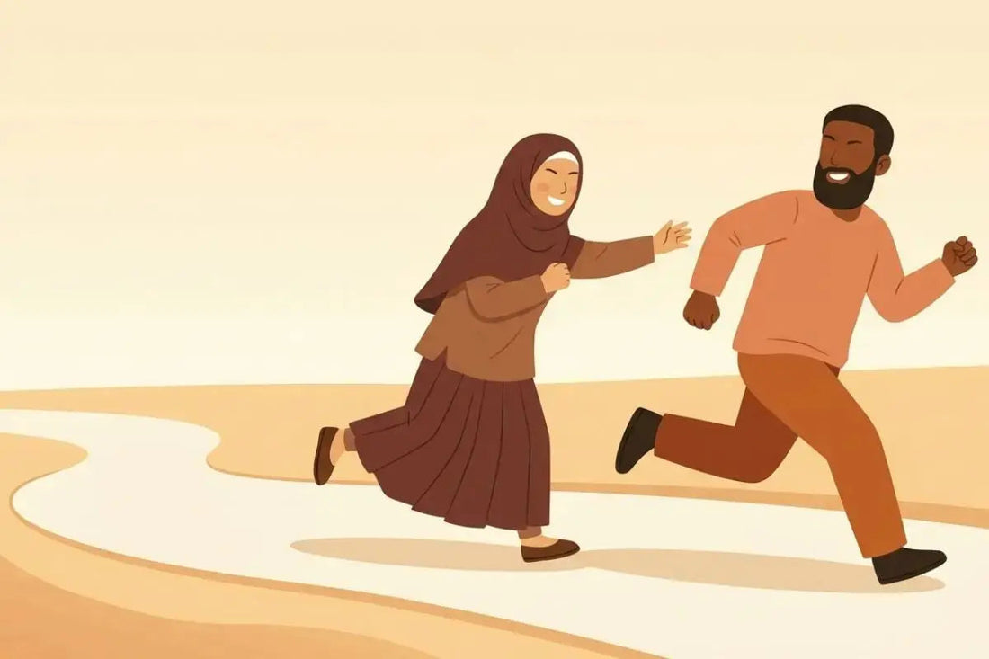 Muslim couple racing each other. Re-acting a prophetic example of playing with the spouse