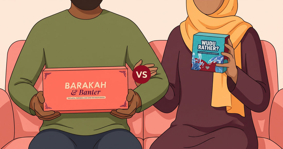 Illustrated Muslim couple holding up the Barakah & Banter and Wudu Rather? boxes side by side to compare the two Muslim couple games