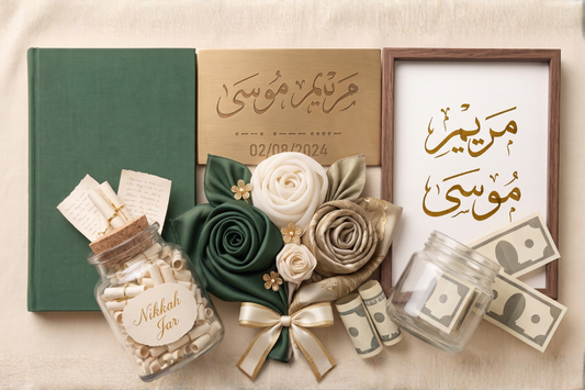 A curated spread of spiritual nikkah gift ideas for Muslim couples, including books, calligraphy, and keepsakes, laid out on warm linen
