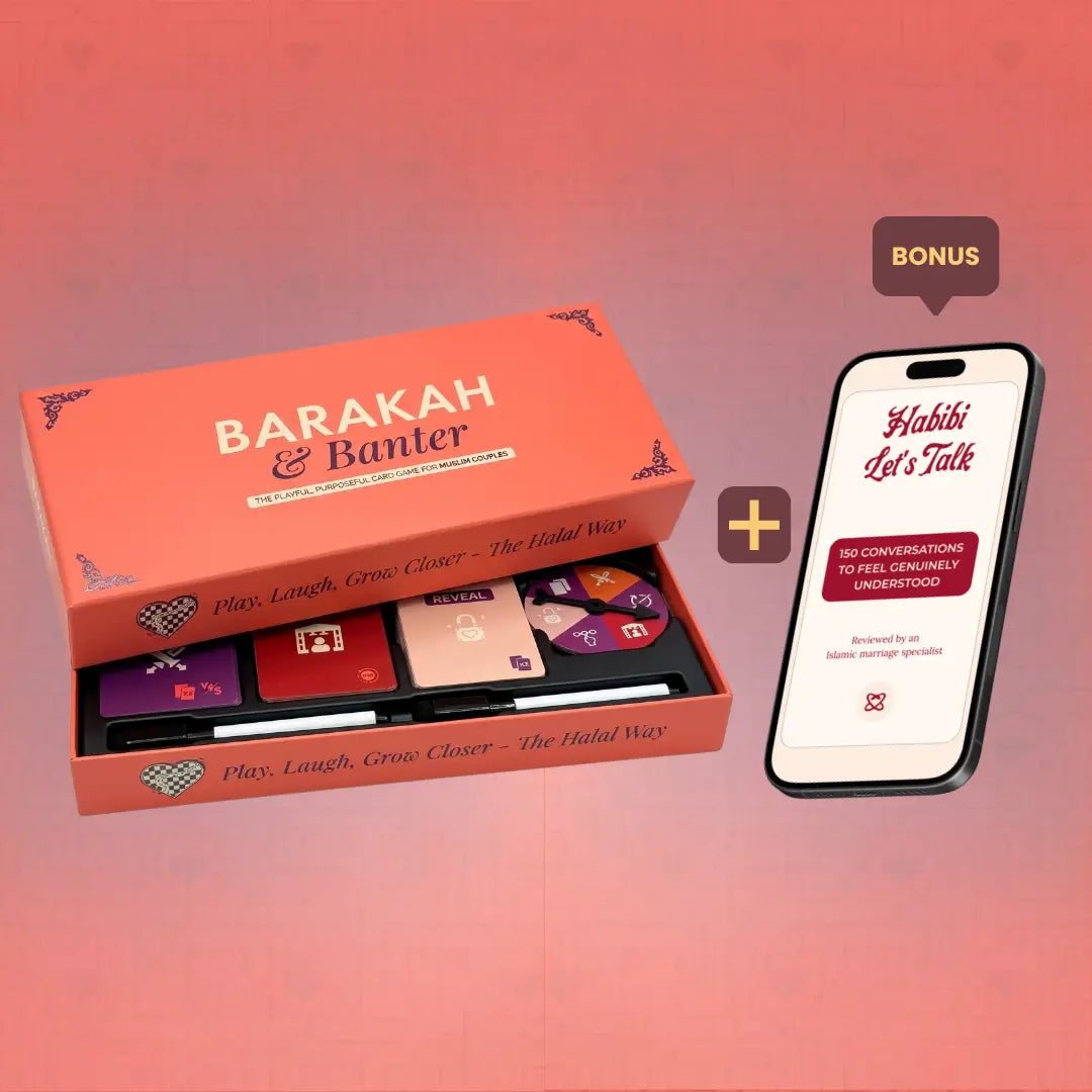 Barakah and Banter Muslim couple card game box open showing cards and spinner alongside Habibi Let's Talk companion app on phone