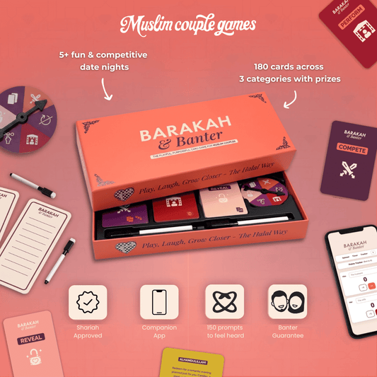 A promotional graphic for the "BARAKAH & Banter" Muslim couples game, on a coral hearts background. The open box reveals cards, a spinner, and dry-erase markers inside. "Muslim couple games" tops it. A callout notes "5+ fun & competitive date nights", pointing to scorepads and a standalone spinner. Another notes "180 cards across 3 categories with prizes", pointing to a pair of red, purple cards. Bottom icons indicate: Shariah Approval, Companion App, 150 Prompts to feel heard, Banter Guarantee.