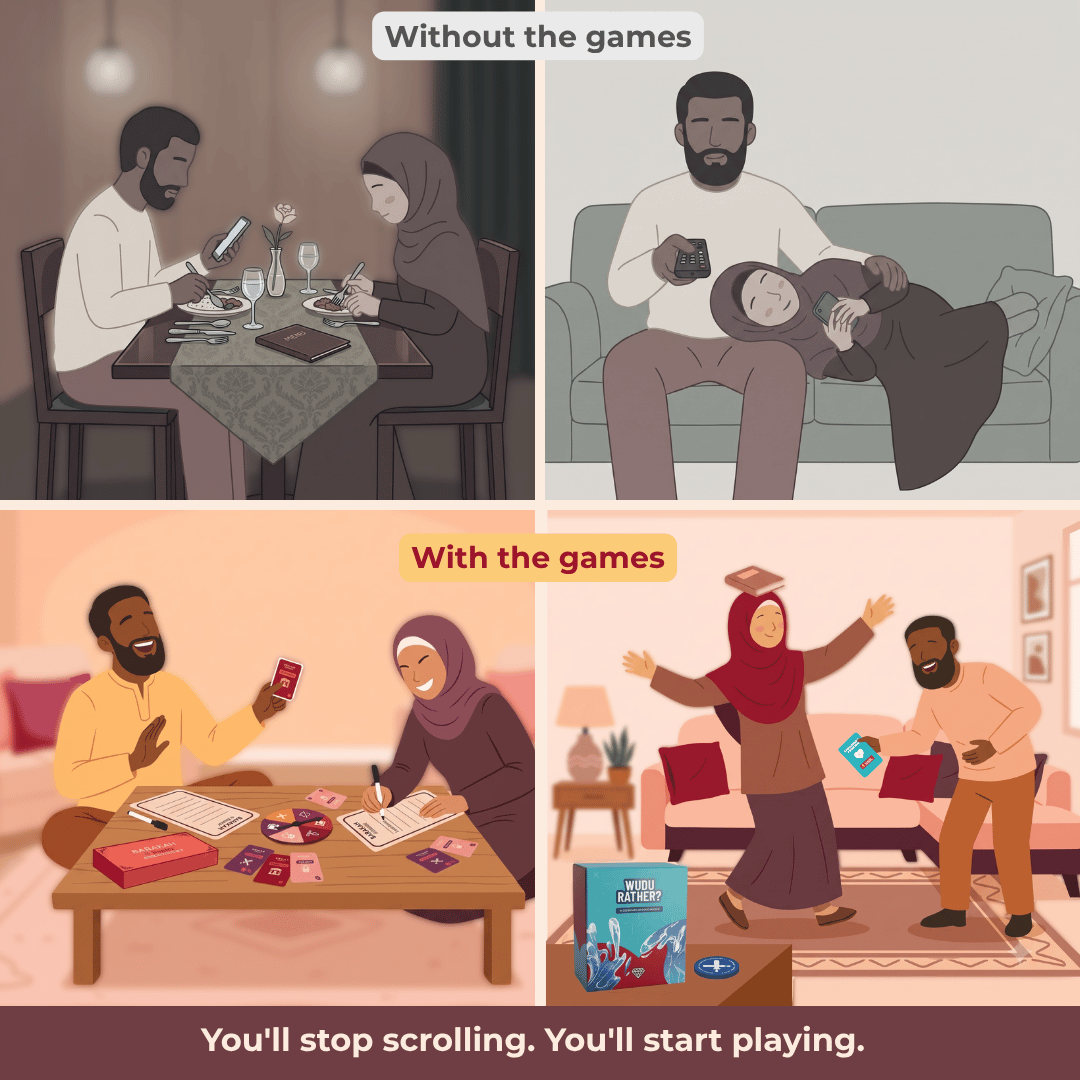 A four-panel illustrated comparison showing people using smartphones versus playing games together. The top row is labeled 'Without the games' and shows couples or families focused on phones at dinner and on a couch.