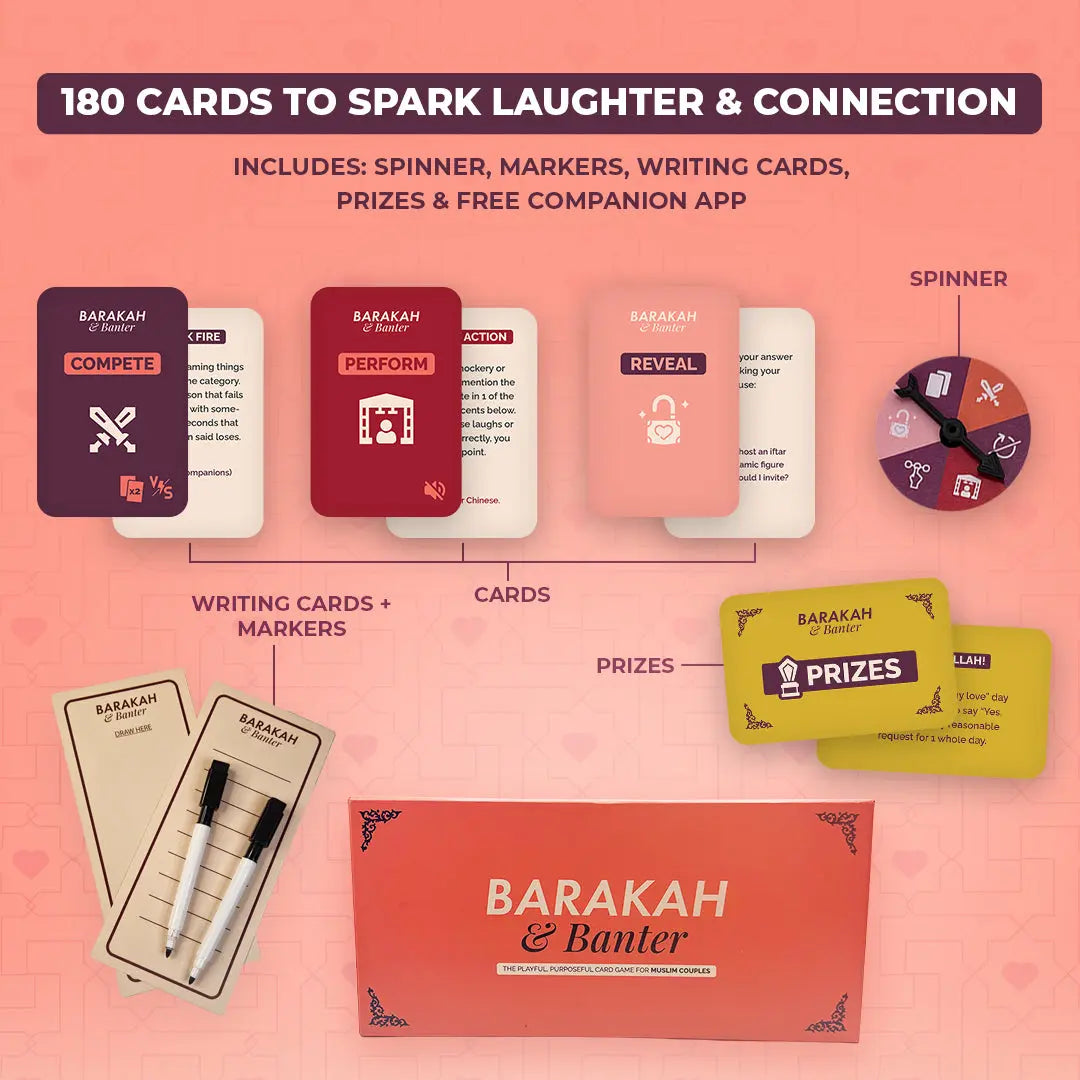Barakah and Banter Muslim couple card game contents: 180 cards across four decks, spinner, writing cards, markers and prize cards