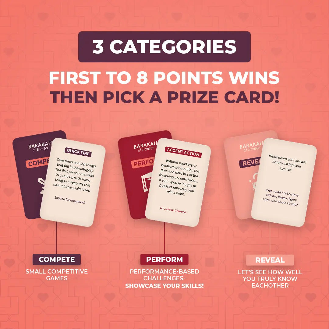 Barakah and Banter three card categories: Compete, Perform and Reveal. First to 8 points wins a prize card