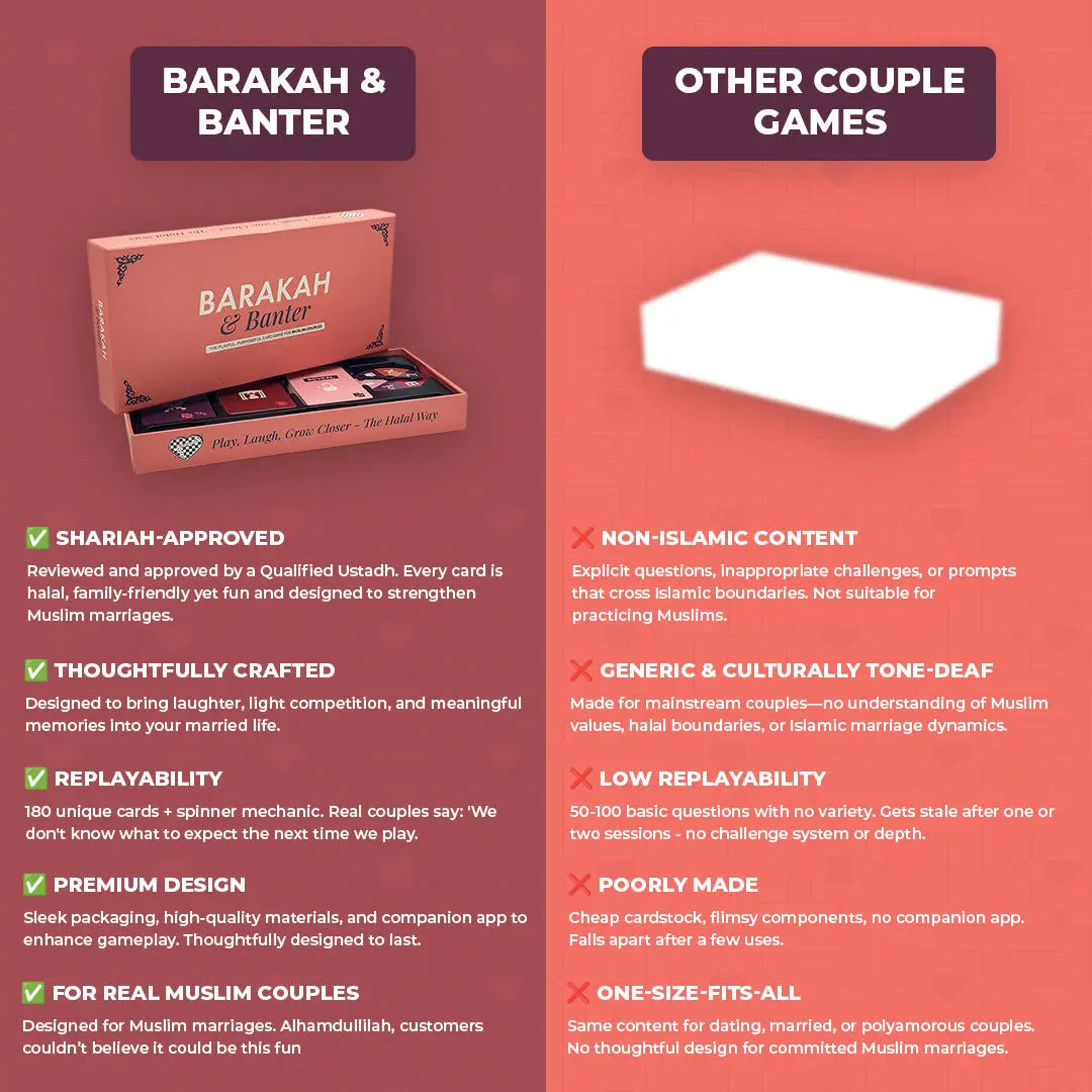 Barakah and Banter Shariah-approved Muslim couple card game compared to other couple games showing 180 unique cards and premium design