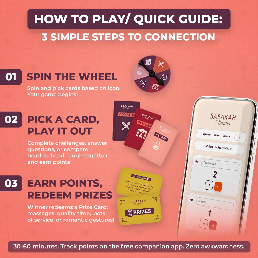 Barakah and Banter Muslim couple card game quick guide: spin the wheel, pick a card, earn points and redeem prize cards in 30 to 60 minutes