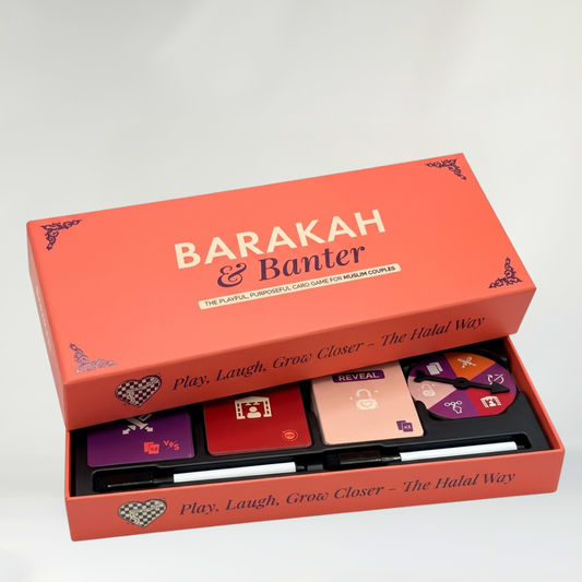 Barakah and Banter Muslim couple card game open box showing compete perform and reveal card decks with spinner and markers