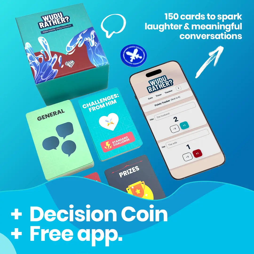 Wudu Rather Muslim couple card game contents showing 150 cards across general and challenge decks, prize cards, decision coin and companion app