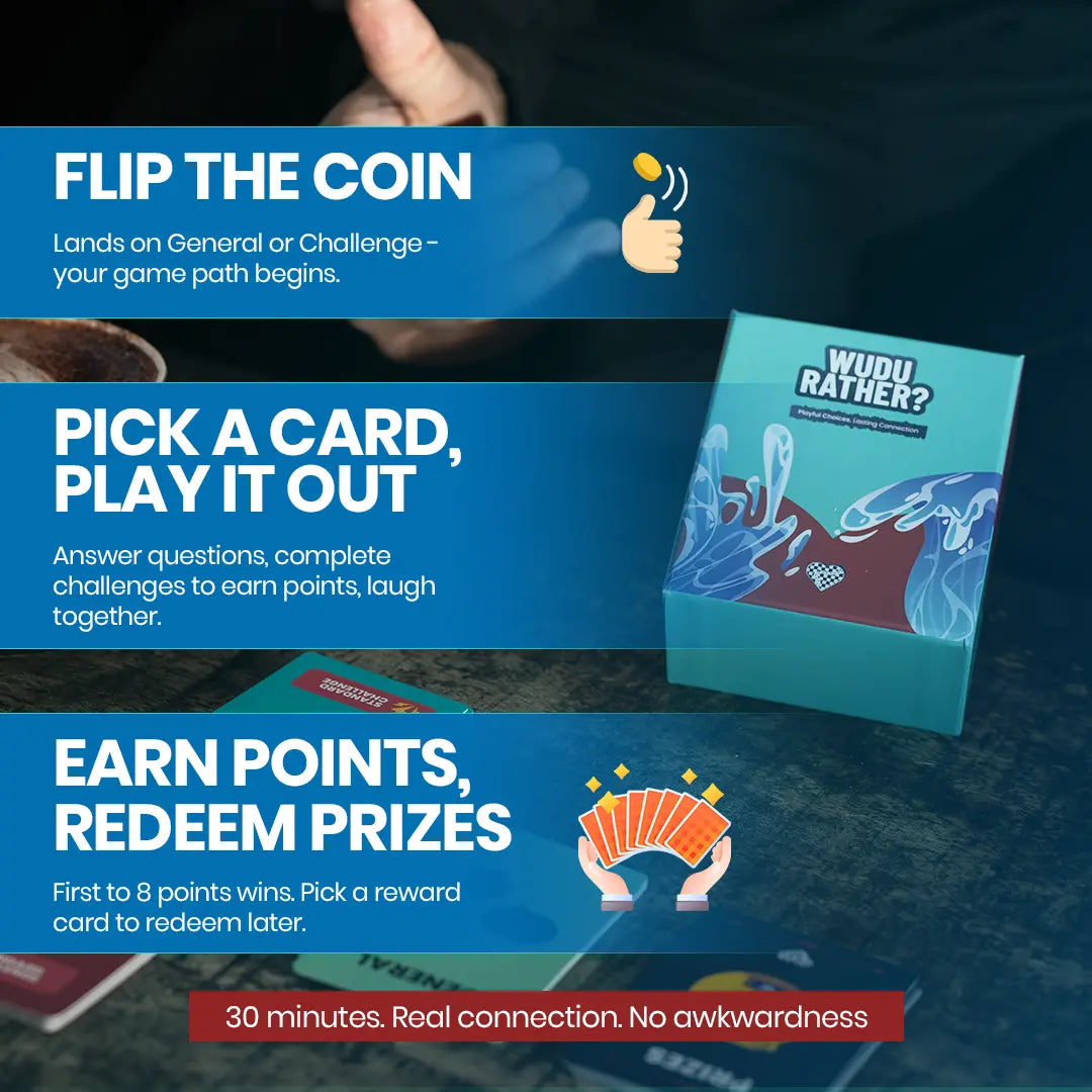 How to play Wudu Rather Muslim couple card game: flip the coin, pick a card, earn points and redeem prizes