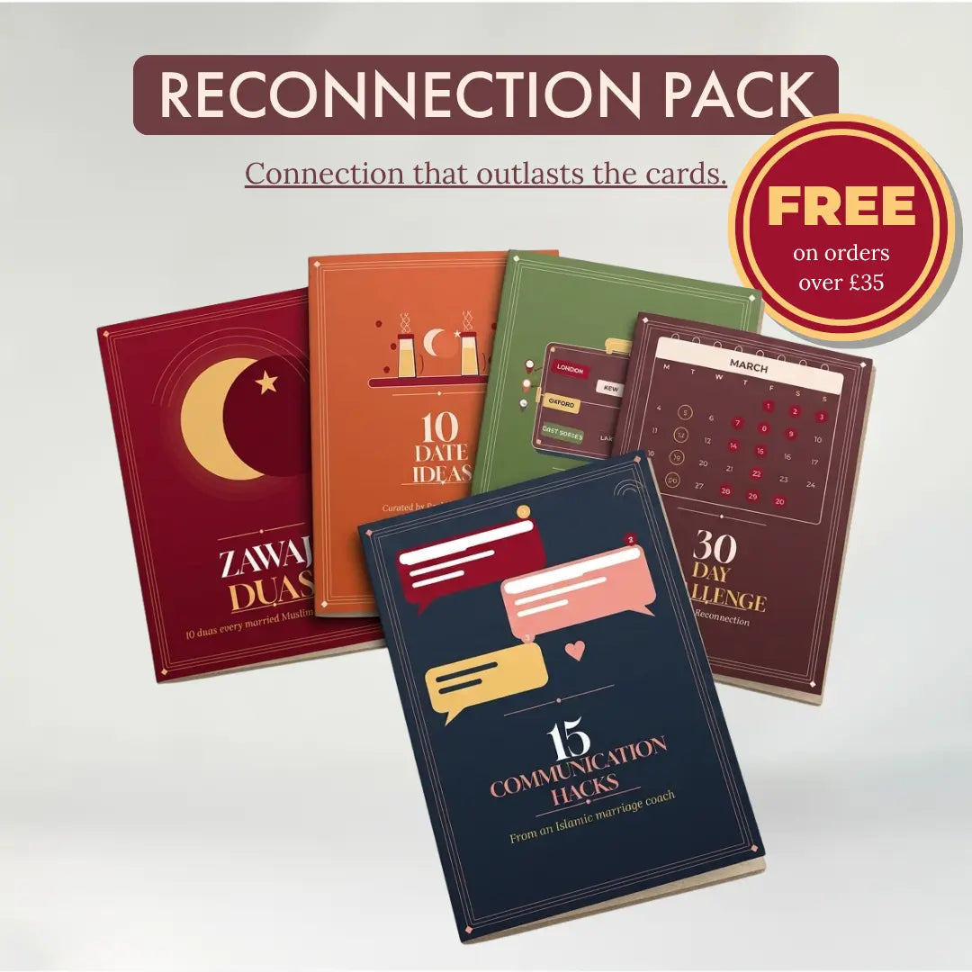 Reconnection Pack digital bundle for Muslim couples including Zawaj Duas 30 Day Barakah Challenge 15 UK Date Spots 10 UK Date Ideas and 15 Communication Hacks