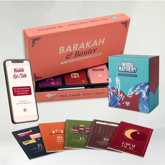 Bundle image of Barakah & Banter game box, wudu rather game box, habibi lets talk mockup and the reconnection pack with 5 guides.