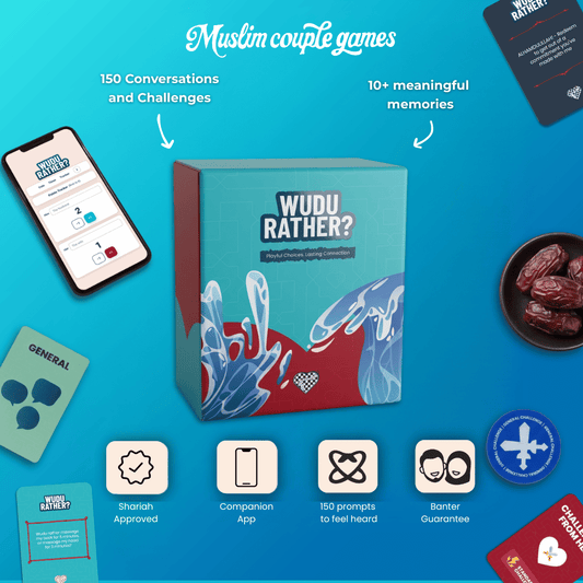 A promotional graphic for the "WUDU RATHER?" Muslim couples game, shown on a bright blue background. The center features the teal and dark red game box, decorated with playful splashing water graphics. Text callouts note "150 Conversations and Challenges", pointing to the mobile companion app tracker. Another notes "10+ meaningful memories", pointing to a blue card. A plate of dates sits to the side. Bottom icons display: Shariah Approval, Companion App, 150 Prompts to feel heard, Banter Guarantee.