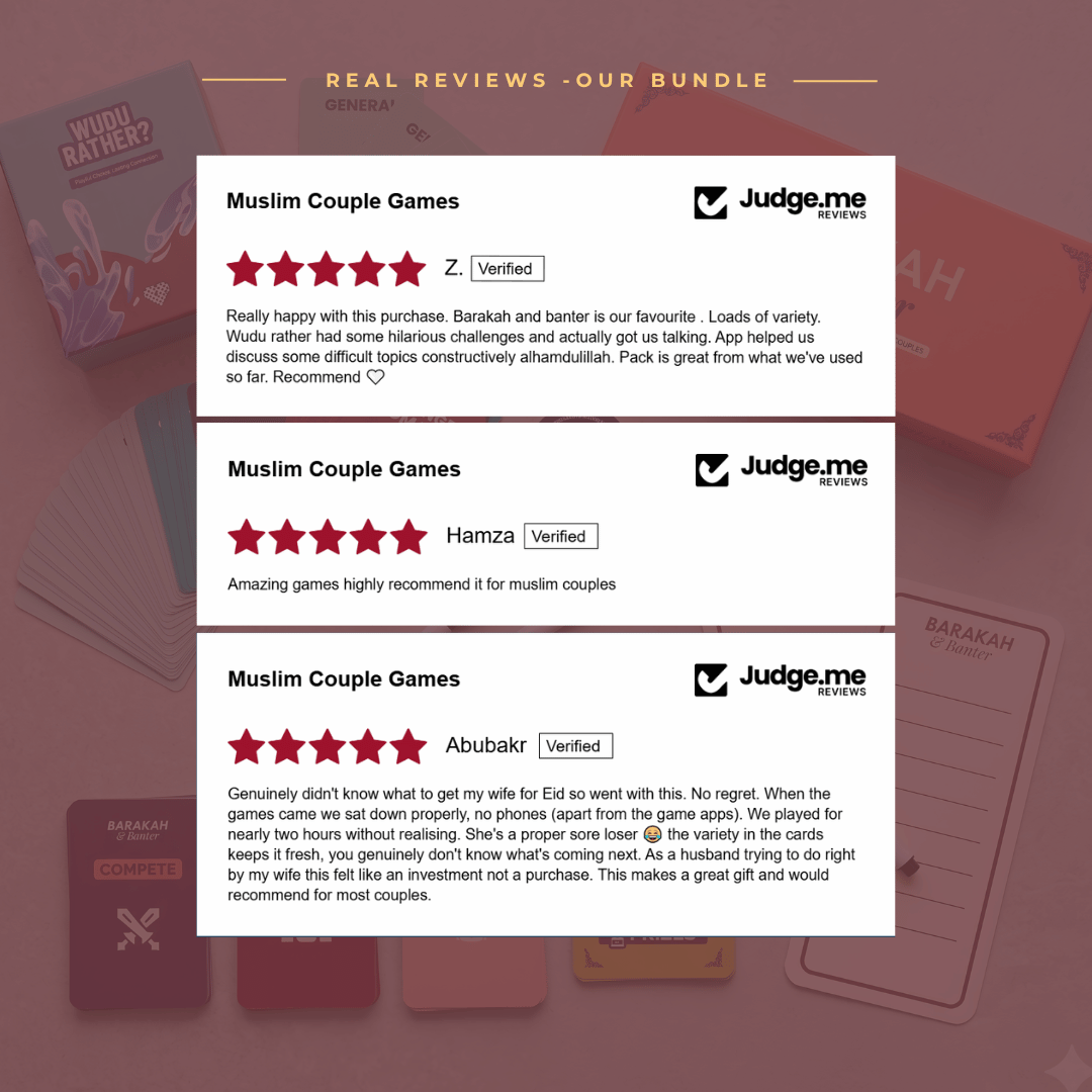 A promotional graphic for a bundle of real reviews for Muslim Couple Games, featuring three verified review cards with star ratings and review text, set against a background of game boxes.