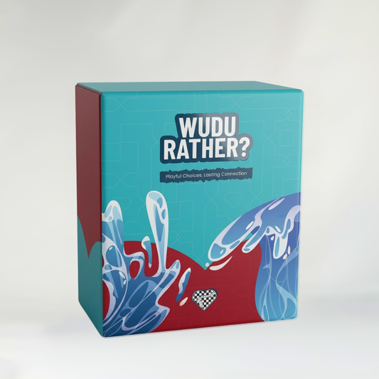 Wudu Rather would you rather card game for Muslim married couples in teal and red box packaging